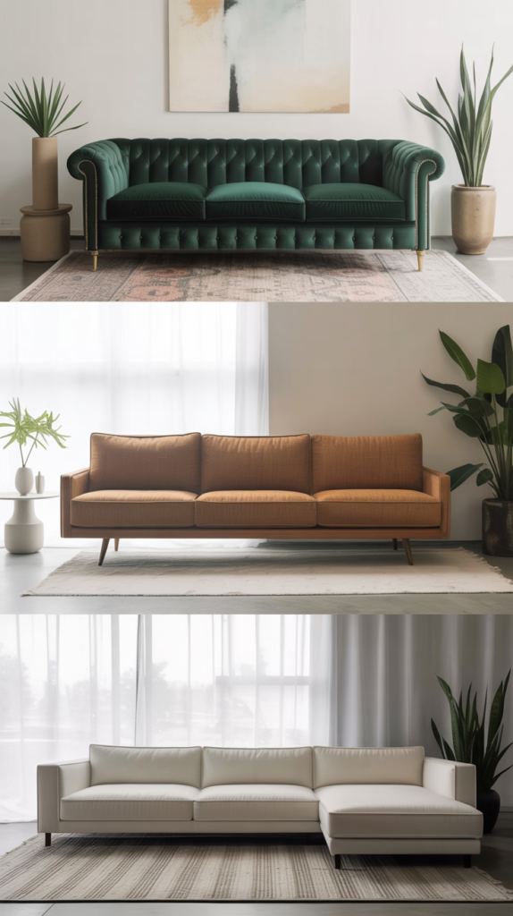 Three stylish sofa designs in different colors and styles.