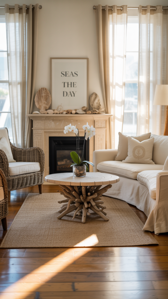 A stylish beachy living room featuring white sofas, wicker furniture, and a round coffee table.