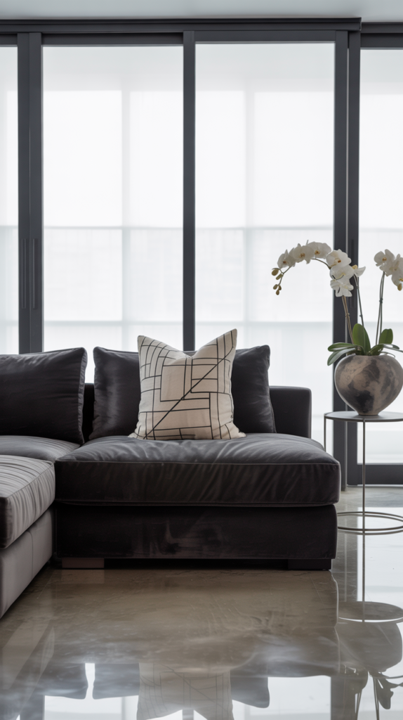 Stylish black and white living room with modern furniture and large windows