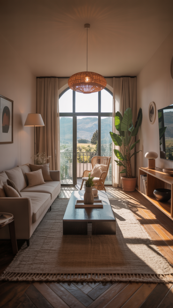 A stylish long narrow living room with modern furniture and natural light.
