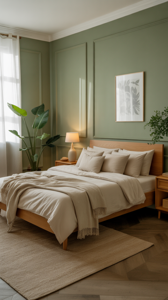 A serene bedroom featuring sage green walls, cream bedding, wooden furniture, and plants.