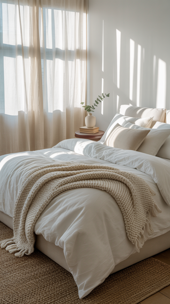 A serene white bedroom with natural light, cozy bedding, and minimalist decor.