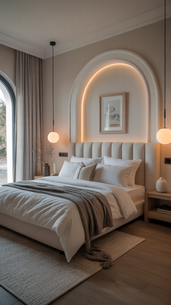 A serene and stylish bedroom with a plush bed, neutral colors, and modern lighting.