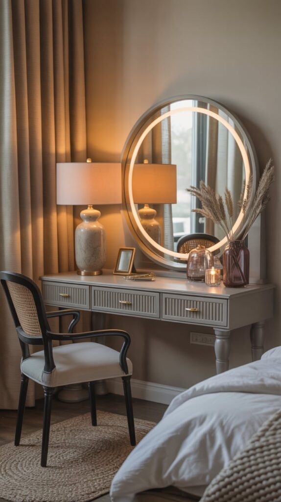A stylish bedroom vanity with a mirror, lamp, and decorative items.