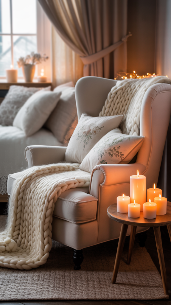 A cozy bedroom corner with knitted blankets, pillows, and candles creating a warm atmosphere.