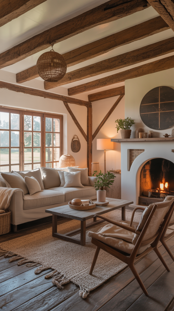 A cozy rustic farmhouse living room featuring wooden beams, warm tones, and inviting furniture.