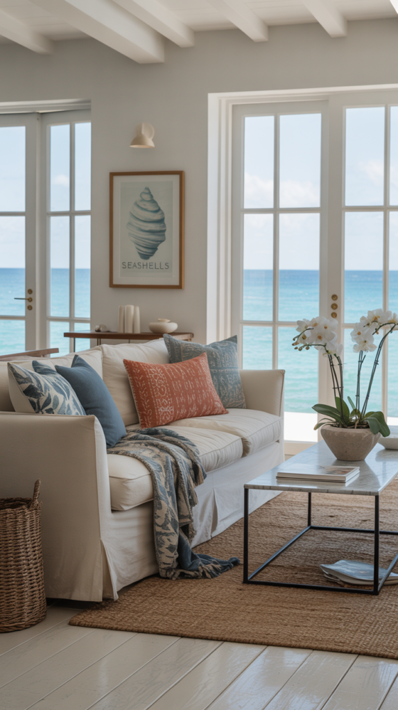 A bright and airy coastal living room with large windows, comfortable seating, and natural decor.