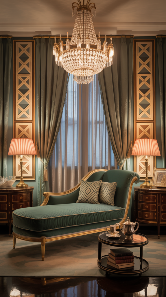 A luxurious Art Deco living room featuring geometric patterns, plush seating, and elegant decor.