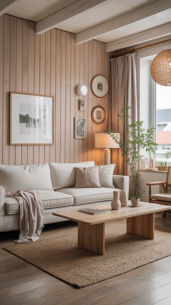A lot Scandinavian style living room with light wood paneling, neutral furniture, and natural light.