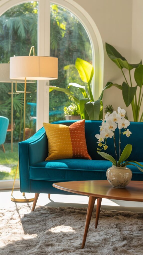A stylish mid-century modern living room featuring a mix of colorful furniture, plants, and natural light.