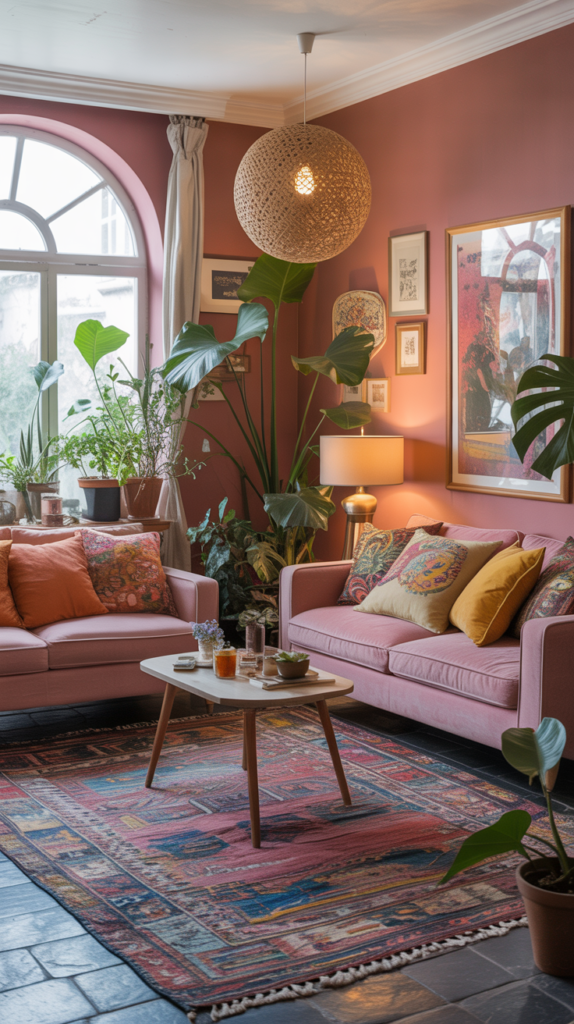 A cozy bohemian living room with pink sofas, colorful pillows, a patterned rug, and various indoor plants.