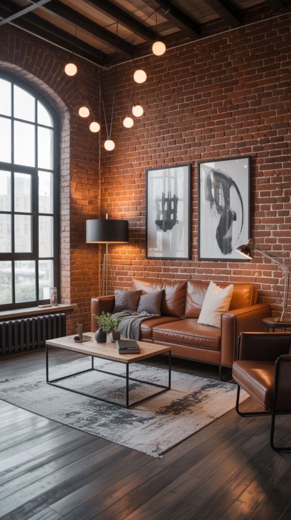A stylish industrial loft living room featuring exposed brick walls, modern furniture, and unique lighting.