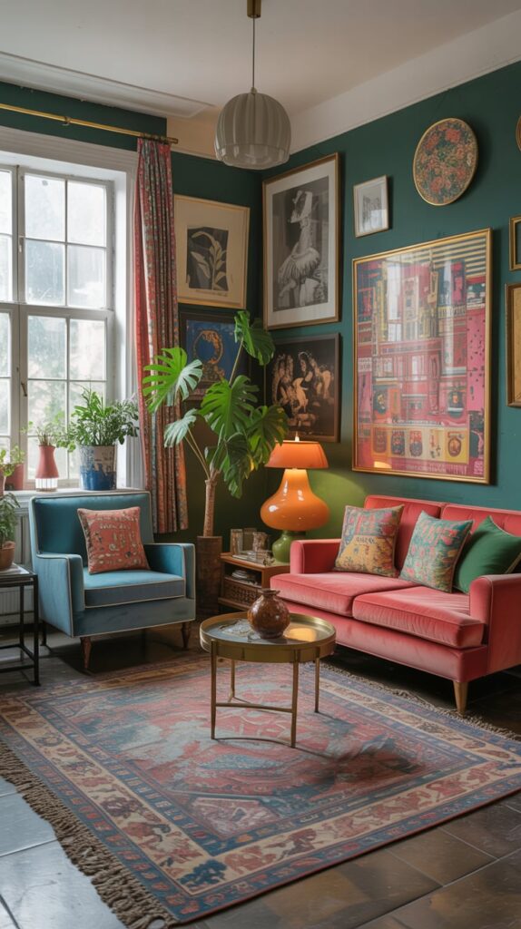 A vintage eclectic living room featuring colorful furniture, artwork, and a patterned rug.