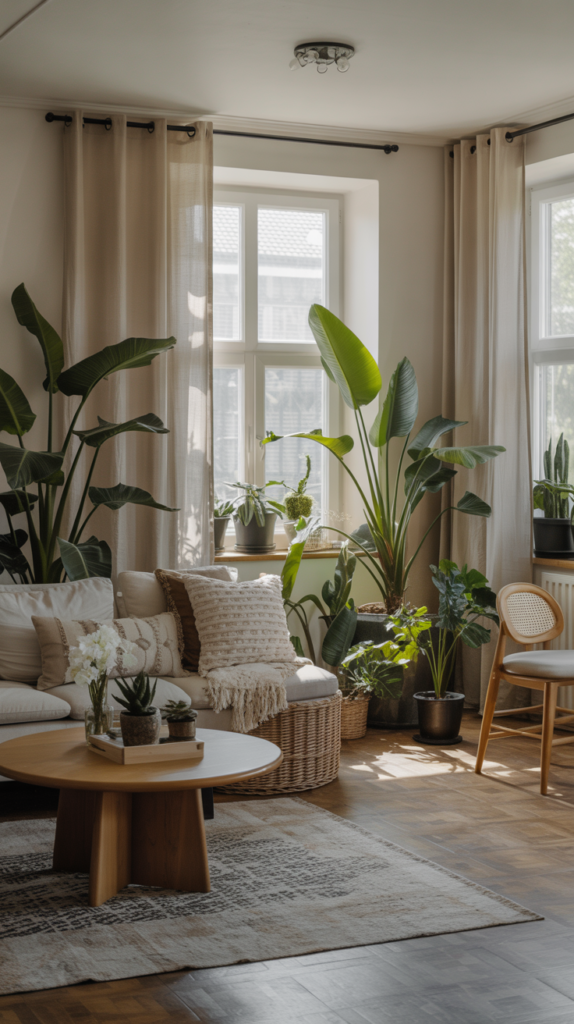 A stylish living room filled with various indoor plants, featuring a cozy seating area and natural wood accents.