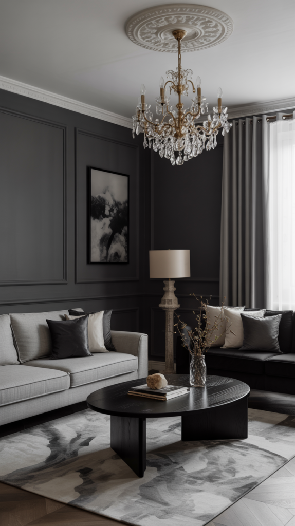 A sophisticated monochrome living room featuring a black sofa, light gray couch, and elegant chandelier.