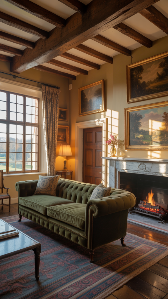 A traditional living room featuring wooden beams, elegant furniture, and classic artwork.