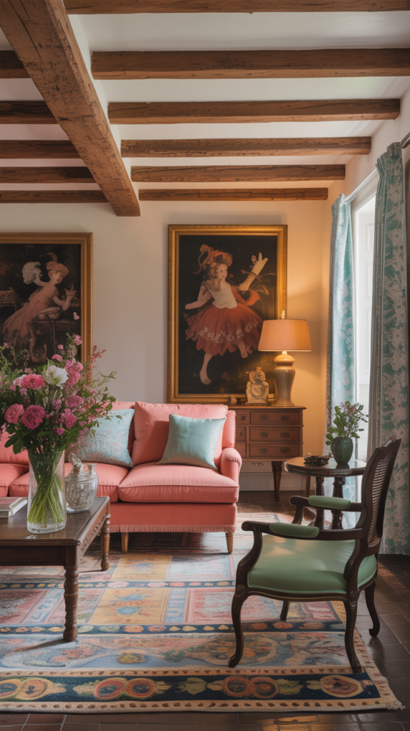 Cozy living room with wooden beams, a coral sofa, mint accents, vintage artwork, and a colorful patterned rug.