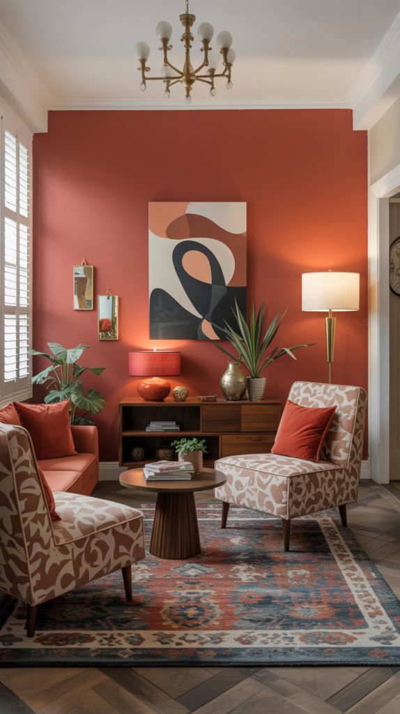 A vibrant living room with retro 70s style furniture, featuring a red accent wall, patterned chairs, and a colorful rug.