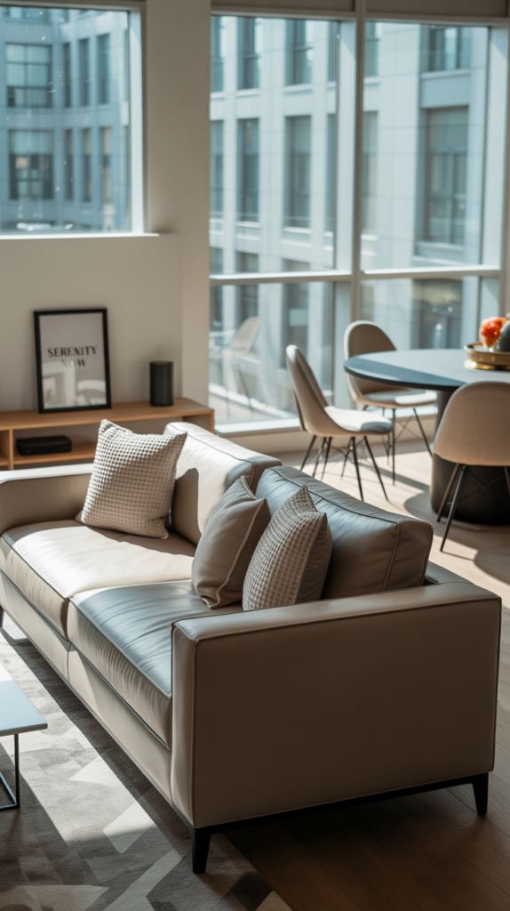 A contemporary open concept living room with a stylish sofa, armchairs, and a dining area in the background.