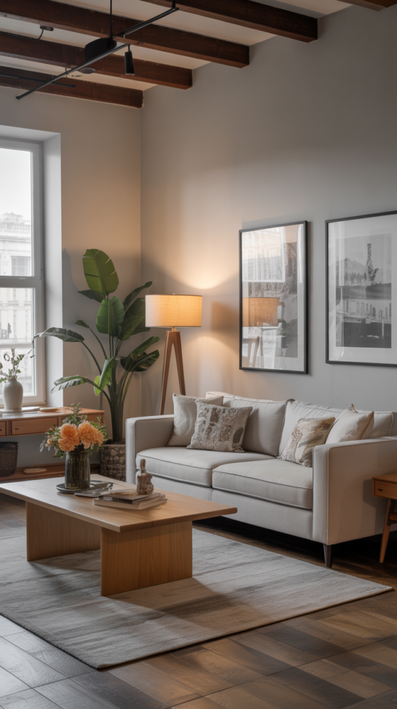A stylish urban chic living room featuring light gray walls, wooden beams, and modern furniture.