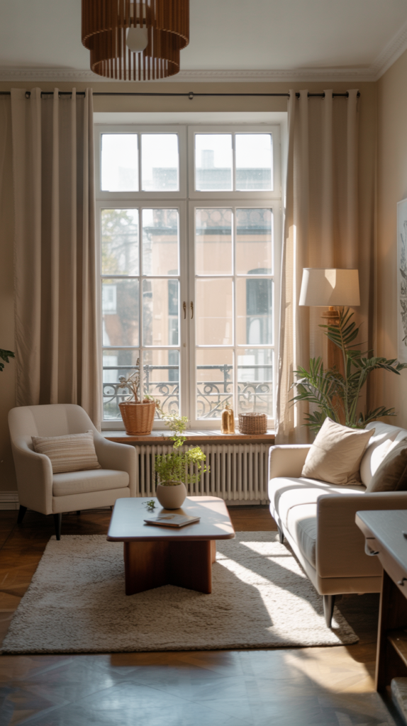 A cozy living room with a sofa, armchair, coffee table, and large window allowing natural light.