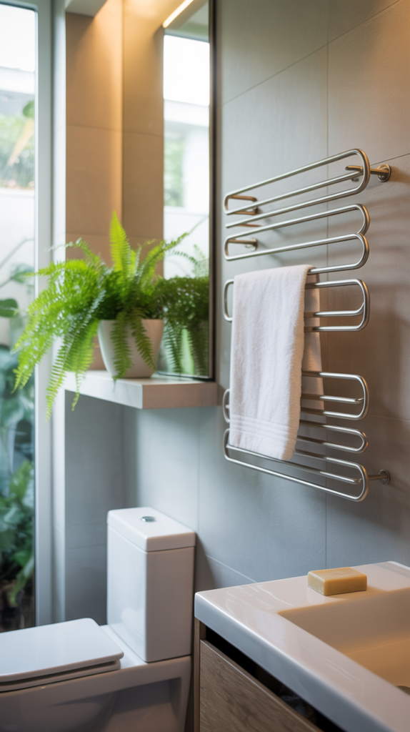 A small bathroom featuring a space-saving towel rack, a plant, and a clean, modern design.