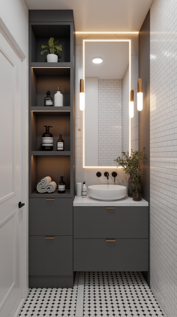 Small bathroom with custom built-ins, featuring open shelves and a sleek cabinet.