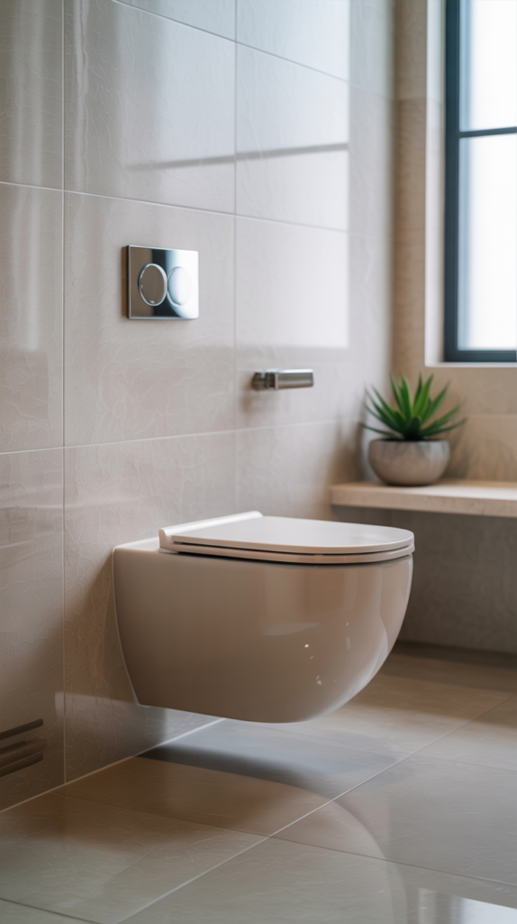 A compact toilet in a small bathroom with modern design and light-colored tiles.