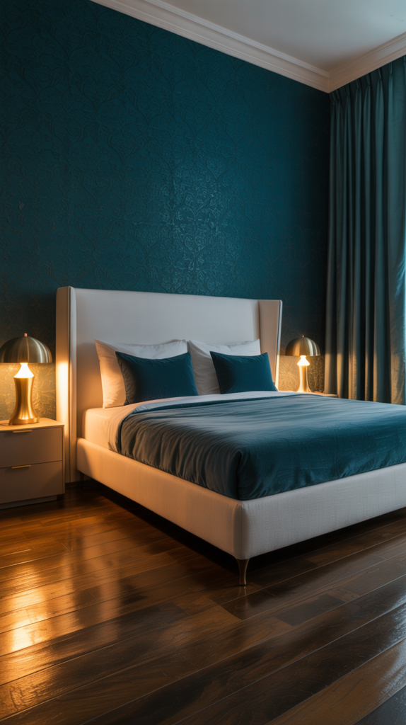 A cozy, dimly lit bedroom bathed in the rich, enveloping hues of a deep, earthy green. The walls are adorned with intricate, textured wallpaper, casting captivating shadows that dance across the space. A plush, velvet-upholstered bed takes center stage, flanked by sleek, minimalist nightstands in a complementary muted tone. Soft, warm lighting emanates from a pair of sculptural pendant lamps, their metallic accents gleaming subtly. Luxurious textiles, such as a sumptuous area rug and heavy drapes, add depth and richness to the scene. Touches of natural wood and greenery further enhance the serene, sophisticated ambiance, creating a truly captivating and alluring interior design. A moody, luxurious bedroom interior with deep teal damask wallpaper and dark hardwood flooring. The centerpiece is a large bed with a white upholstered headboard and dark teal bedding. Two identical brass table lamps with dome shades sit on matching nightstands with a modern design. The lamps cast a warm golden glow that creates dramatic uplighting on the textured wallpaper. A floor-length teal curtain panel hangs on the right side. The lighting creates a dramatic atmosphere with the warm glow contrasting against the dark teal walls. The room has a sophisticated, high-end hotel aesthetic with clean lines and modern furniture pieces. The hardwood floor shows natural grain patterns and has a warm honey tone. The overall color palette consists of various shades of teal, white, and brass, creating an elegant and sophisticated atmosphere.