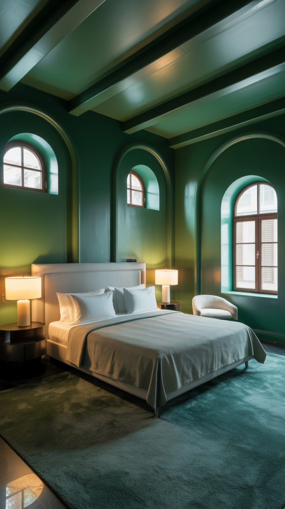 A luxurious master bedroom with a bold, dark green feature wall. The wall is painted in a deep, rich emerald hue, creating a dramatic and sophisticated backdrop. In the foreground, a plush, king-size bed with soft, textured bedding in neutral tones. On either side, minimalist nightstands with sleek, metallic lamps casting a warm, ambient glow. The middle ground showcases a cozy sitting area with a modern, low-profile armchair and a shaggy, oversized area rug in a complementary shade of green. Indirect lighting from hidden sources casts a soft, diffused illumination, heightening the room's moody atmosphere. Tall, arched windows allow natural light to filter in, creating a balance between the bold, moody tones and the airy, sophisticated ambiance. A luxurious modern bedroom interior with deep emerald green walls and arched architectural details. The room features a large bed with a light gray upholstered headboard and crisp white bedding. Two identical white table lamps with drum shades sit on dark wooden nightstands flanking the bed. The ceiling has exposed beams painted in the same emerald green color. Three arched windows with white trim are positioned on the walls - two small arched windows above the bed and one larger window on the right wall. The floor is covered with a plush dark teal carpet. A modern white accent chair sits in the corner near the right window. The lighting creates a warm, golden glow that reflects off the walls, contrasting with the cool tones of the green walls. The overall composition has a symmetrical, elegant design with clean lines and high-end finishes.
