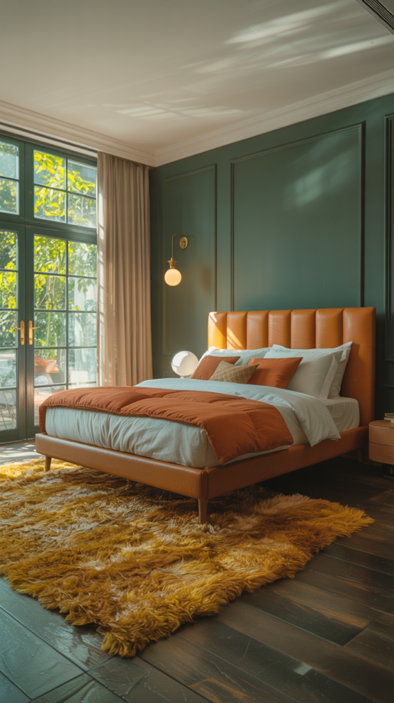 A modern, elegant dark green bedroom with warm, complementary color accents. The room is bathed in soft, natural lighting filtering through large windows, casting a cozy glow. In the foreground, a plush, textured mustard yellow area rug grounds the space, its rich hue contrasting beautifully with the deep green walls. A mid-century style wooden bed frame with a tufted, terracotta-colored headboard takes center stage, flanked by sleek white nightstands with brass hardware. Muted terra cotta throw pillows and a rust-colored blanket add depth and dimension. Subtle brass sconces and a minimalist brass pendant light fixture above the bed complete the harmonious, sophisticated palette. A luxurious modern bedroom interior with a deep forest green accent wall and white crown molding. A mid-century modern orange-tan tufted headboard bed with wooden frame sits centered against the green wall, dressed in orange and white bedding. A plush golden-yellow shag area rug covers the dark hardwood flooring. A large floor-to-ceiling window with white trim and beige curtains allows natural sunlight to stream into the room. A white modern nightstand with a drawer sits to the right of the bed. A brass wall sconce with a white glass shade is mounted on the green wall. A round brass pendant light hangs from the white ceiling. The room features a warm color palette of forest green, orange, beige, and white. The sunlight creates diagonal shadows across the green wall and floor, adding depth and warmth to the space. The window reveals glimpses of greenery outside. The room has a clean, contemporary aesthetic with mid-century modern furniture elements.