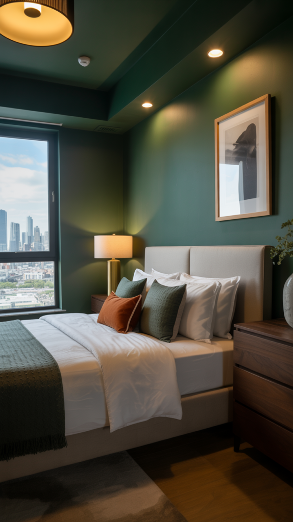 A modern, chic bedroom with dark green walls, accentuated by warm, soft lighting from a mid-century style pendant lamp. In the foreground, a plush king-size bed with crisp white linens and an assortment of cozy throw pillows in complementary tones. On the nightstands, minimalist lamps and a potted plant add a touch of greenery. The middle ground features a large window overlooking a cityscape, casting a gentle glow. The background showcases a sleek dresser with brass hardware and a framed abstract art piece on the wall, completing the cohesive, sophisticated atmosphere. A modern luxury bedroom with dark forest green walls and a cityscape view through a large window. The bed has crisp white bedding and decorative pillows in gray, forest green, and burnt orange colors. A modern brass and white table lamp sits on a dark wooden nightstand next to the bed. The ceiling features recessed LED spotlights and a large circular pendant light with a yellow shade. A wooden-framed black and white abstract artwork hangs on the right wall. The window reveals a city skyline with modern skyscrapers in the distance. The room has hardwood flooring in a light brown tone. A dark wooden dresser is positioned against the right wall. The overall lighting in the room is warm and intimate, creating subtle shadows on the green walls. The room has a minimalist, contemporary design with clean lines and a sophisticated color palette.