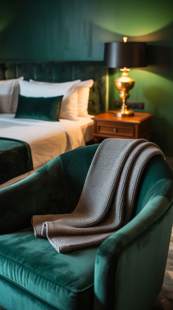 A cozy, dimly lit bedroom with rich, dark green accents. The centerpiece is a plush, velvet armchair in a deep emerald hue, complemented by a charcoal gray throw blanket draped over its arm. On the wooden side table, a vintage table lamp casts a warm, golden glow, illuminating a small potted plant with lush, verdant foliage. In the background, the bed is adorned with crisp, white linens and a single dark green accent pillow, creating a striking contrast. The walls are painted in a moody, forest-inspired shade of green, adding depth and character to the space. The overall atmosphere is one of sophisticated, inviting elegance. A moody hotel bedroom interior photograph with deep emerald green walls. A plush emerald velvet armchair sits in the foreground, draped with a gray knit throw blanket. A traditional wooden bedside table with a brass table lamp emitting warm amber light sits next to the chair. The lamp has a classic design with a black shade. Behind the chair is a large bed with crisp white bedding and dark green decorative pillows matching the wall color. A dark gray textured throw blanket is partially visible at the foot of the bed. A small potted plant with green leaves sits on the bedside table. The lighting in the room creates a cozy, intimate atmosphere with the warm glow from the lamp contrasting against the dark walls. The photograph has a professional, high-quality finish with sharp focus and rich color saturation.
