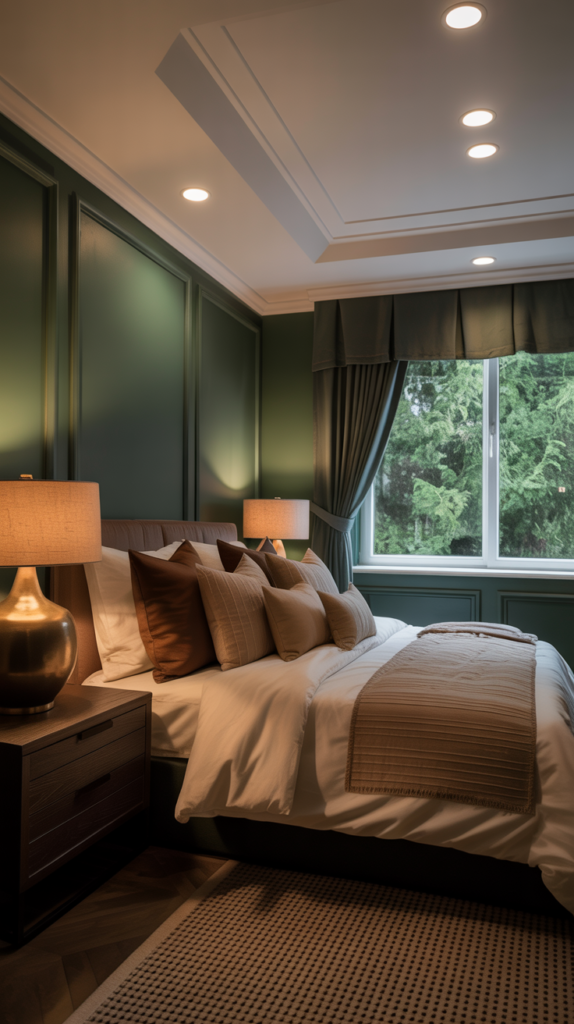 A luxurious bedroom with dark green walls, accented by layered lighting. In the foreground, a plush king-size bed adorned with sumptuous bedding and decorative pillows. Recessed ceiling lights create a warm, ambient glow, while sleek sconces on the walls provide focused illumination. In the middle ground, a pair of mid-century modern nightstands flank the bed, each with a statement table lamp that casts a soft, diffused light. In the background, a floor-to-ceiling window offers a view of a lush, verdant landscape, its natural light filtering through sheer curtains. The overall atmosphere is one of sophisticated tranquility, perfect for a restful retreat. A luxurious modern bedroom interior with dark green walls and crown molding. The centerpiece is a large bed with beige and brown striped bedding, multiple decorative pillows in brown and beige tones, and a dark brown headboard. Two matching table lamps with beige shades sit on dark wooden nightstands on either side of the bed. The room features recessed ceiling lights and wall sconces creating warm ambient lighting. A large window with gray curtains and a black valance overlooks lush green trees and foliage. The ceiling has a tray design with white crown molding and multiple recessed LED lights. The floor is partially visible with a geometric patterned carpet in neutral tones. The overall color scheme consists of deep greens, warm beiges, and rich browns, creating an elegant and sophisticated atmosphere. The room is professionally staged with clean lines and high-end finishes throughout.
