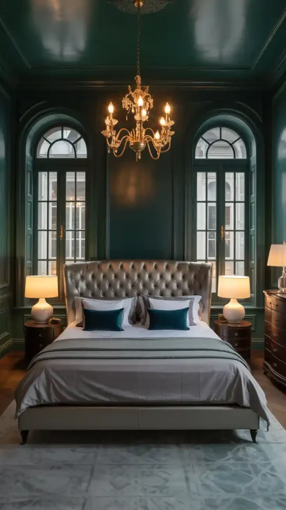 A stylish, well-appointed bedroom with dark green walls that exude sophistication and elegance. In the foreground, a plush, tufted king-size bed with luxurious bedding in complementary hues. Placed strategically around the bed, sleek, contemporary nightstands and a chic dresser in a rich, dark wood finish. Overhead, a delicate, minimalist chandelier casts a warm, atmospheric glow. In the background, tall, arched windows allow natural light to filter in, creating a sense of depth and openness. The overall mood is one of refined, modern comfort, where the deep green walls provide a bold, yet calming backdrop for the carefully curated furnishings. A luxurious bedroom interior with deep emerald green walls and crown molding. A large tufted gray leather bed with a high buttoned headboard dominates the center of the room. The bed is dressed in white bedding with teal blue accent pillows and a light gray throw blanket. Two identical white ceramic table lamps with white shades sit on dark wooden nightstands flanking the bed. A brass and crystal chandelier with multiple arms hangs from the ceiling, casting warm light throughout the space. Two tall arched windows with white muntins and transom windows allow natural light to enter. A dark wooden dresser with curved legs is positioned against the right wall. The floor features a light gray patterned area rug. The room has a sophisticated, classic aesthetic with a moody, intimate atmosphere created by the dark walls and warm lighting.