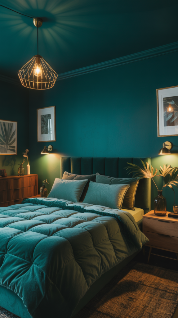 A cozy and captivating dark green bedroom in a small, well-lit space. The walls are painted in a rich, earthy shade of green, creating a soothing and tranquil ambiance. A plush, velvet-upholstered bed takes center stage, its deep green hue complemented by warm-toned wooden nightstands and a low-profile dresser. Soft, indirect lighting from wall sconces and a minimalist pendant fixture cast a gentle glow, enhancing the room's intimate and inviting atmosphere. Lush, textured bedding and accent pillows in complementary shades of green add depth and visual interest, while a carefully curated selection of plants and artworks on the walls tie the whole scene together, creating a harmonious and visually striking small-space retreat. A moody bedroom interior with deep teal walls and a plush velvet bed with a tufted green comforter. A geometric brass cage pendant light hangs from the ceiling, casting warm light downward. Two wall-mounted sconce lights with brass fixtures illuminate the dark walls. The bed has multiple pillows in matching teal and dark green velvet fabric. A wooden nightstand with a modern design sits on the right side of the bed, topped with a clear glass vase containing green plants. A dark wooden dresser is positioned on the left side. The room features framed botanical artwork on the walls, with one piece showing a tropical leaf print. The overall lighting creates a cozy, intimate atmosphere with warm amber glow contrasting against the deep teal walls. The bedding is slightly rumpled, giving the space a lived-in, luxurious feel. The ceiling is painted in the same dark teal color as the walls, creating a seamless color scheme throughout the space.