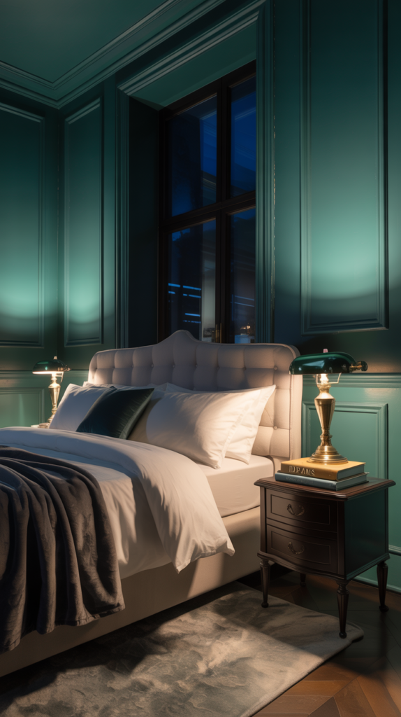 A photograph of a luxurious bedroom bathed in dim, ambient light featuring walls painted a very dark green hue. A plush king-size bed draped in crisp white linen and a dark grey velvet throw sits centered in the room, adorned with a few dark teal pillows. Beside the bed is a dark wooden nightstand with a vintage brass lamp and a stack of books with the title "Dreams" visible on the top. A large window is visible in the background, covered by thick curtains and allowing a soft glow to filter through.