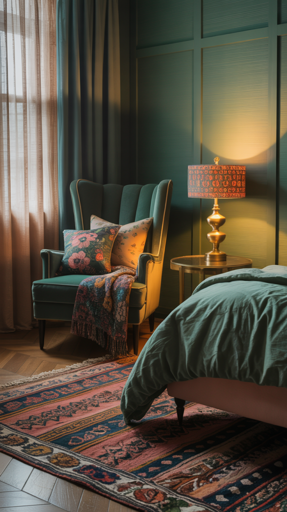 A photograph of a cozy, very dark green bedroom with an eclectic mix of patterns and textures. A plush velvet armchair sits in the corner, adorned with a patterned throw blanket and a collection of vintage pillows featuring floral and geometric designs. The walls are covered in textured wallpaper, and a woven rug with a bold tribal motif covers the hardwood floor, illuminated by a warm glow from a brass table lamp with a patterned shade. Sunlight streams softly through sheer curtains, highlighting the room's unique and inviting atmosphere.