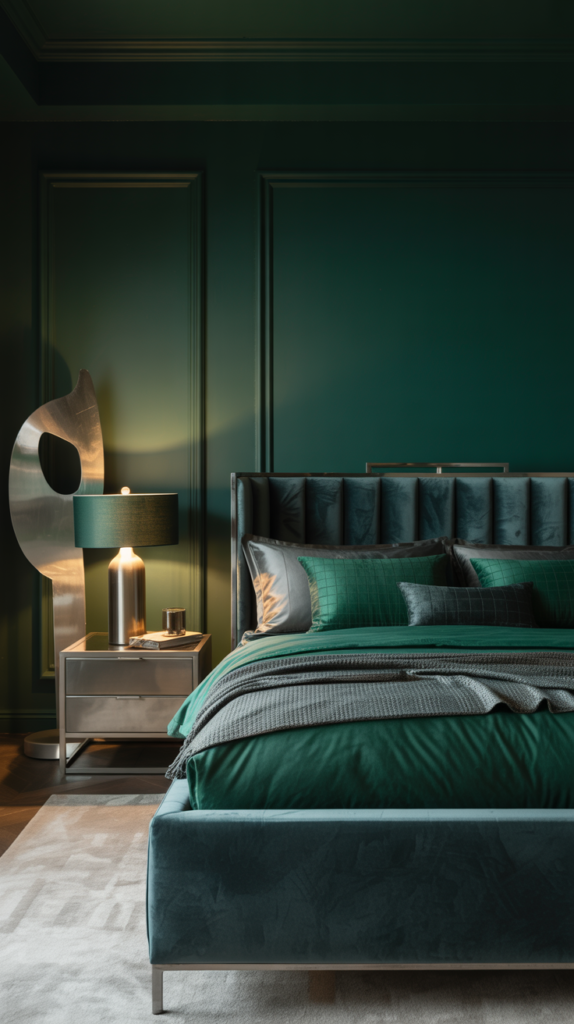 A photograph of a luxurious bedroom dominated by a deep, forest green color scheme. A large, plush velvet bed with a dark grey headboard and silver metal accents is centered in the room, covered in emerald green and charcoal grey bedding with a textured throw blanket. A sleek, metal-framed nightstand with a brushed silver finish holds a minimalist lamp with a green shade, while a large, abstract metal sculpture stands in the corner, reflecting the soft light. The room is softly lit by recessed lighting, creating a glamorous and tranquil atmosphere.