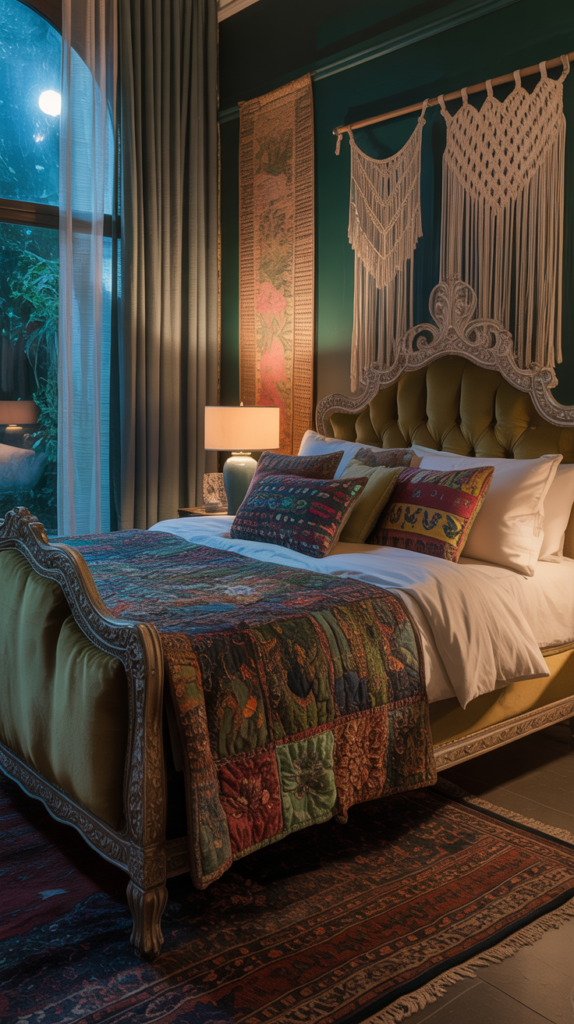 A photograph of a luxurious bedroom bathed in dim, ambient light, showcasing a rich, very dark green color palette. A vintage, intricately carved wooden bed frame with a plush velvet headboard anchors the space, adorned with a collection of colorful, patterned throw pillows and a hand-stitched quilt. A scattering of antique rugs and macrame wall hangings contributes to the eclectic Bohemian aesthetic, while a tall arched window in the background reveals a glimpse of a moonlit garden. Soft, diffused light filters through sheer curtains, creating a sense of calm and serenity.