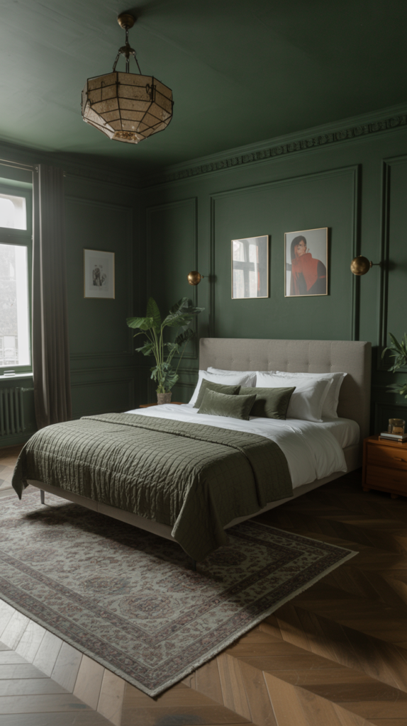 A moody, luxurious bedroom interior with deep forest green walls and ceiling. The room features a large upholstered bed with a light gray tufted headboard and white bedding, accented with olive green throw pillows and a matching green textured blanket. A vintage-style geometric pendant light fixture with a hexagonal glass shade hangs from the ceiling. The hardwood floor has a herringbone pattern in a warm brown tone. A vintage-style area rug in muted gray and brown tones lies beneath the bed. Two framed artworks hang on the wall - one in black and white and one in red tones. A tall green plant in a white pot stands in the corner near a window with sheer curtains. The walls feature decorative molding and paneling details. A wooden side table sits beside the bed. The overall color palette consists of various shades of green, gray, and white, creating an elegant and cohesive design scheme. Natural light filters through the window, casting subtle shadows across the room.