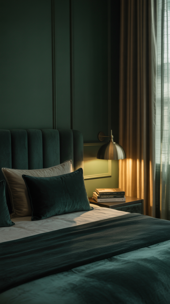 A photograph of a luxurious dark green bedroom with a comfortable king-sized bed as the central focus. The bed is adorned with plush velvet pillows and a dark emerald green duvet, inviting relaxation. A single bedside table with a vintage brass lamp casts a warm, ambient glow, illuminating a stack of books titled "Dreamscapes" on the nightstand. The walls are painted a deep forest green, and a sheer linen curtain filters the soft light from a distant window, creating a serene and cozy atmosphere.