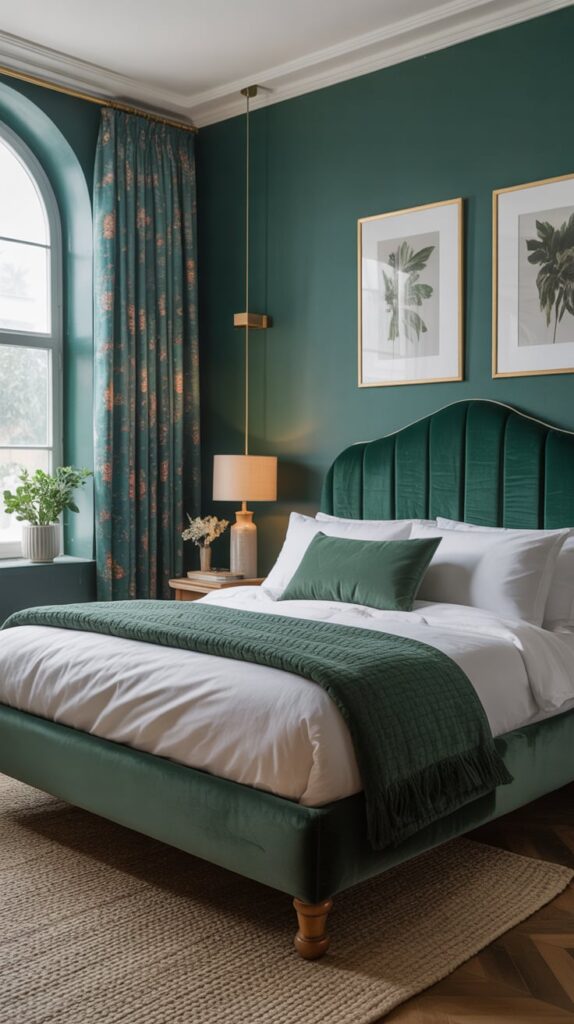 A luxurious bedroom interior with deep emerald green walls and a large arched window. The focal point is a queen-sized bed with a dark green velvet upholstered headboard featuring vertical channel tufting. The bed has crisp white bedding and a dark green velvet throw blanket with fringe details across the foot. A matching dark green velvet bench sits at the foot of the bed. The floor features a natural jute area rug with a herringbone pattern. A pendant light fixture with a brass finish and white shade hangs above the bed. Two framed botanical prints in gold frames hang on the wall above the bed - one showing a palm leaf and another with a botanical illustration. A floral-patterned teal curtain with beige and pink flowers hangs on the arched window. A small potted plant sits on the windowsill. The room has white crown molding and baseboards, and the lighting creates a warm, intimate atmosphere. The overall color scheme consists of emerald green, white, and brass accents, creating a sophisticated and cohesive design.