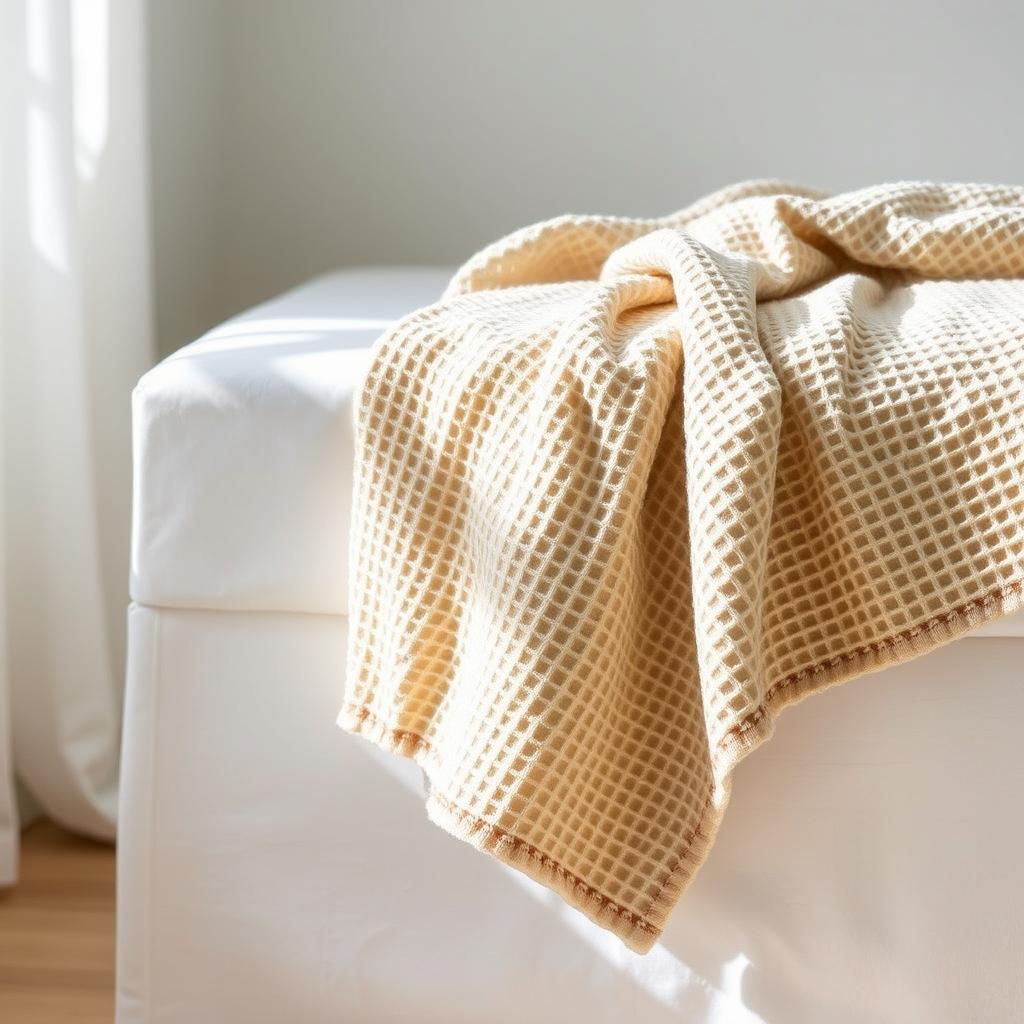 Lightweight waffle-knit cotton throw in sand color Lightweight waffle-knit cotton throw in sand color