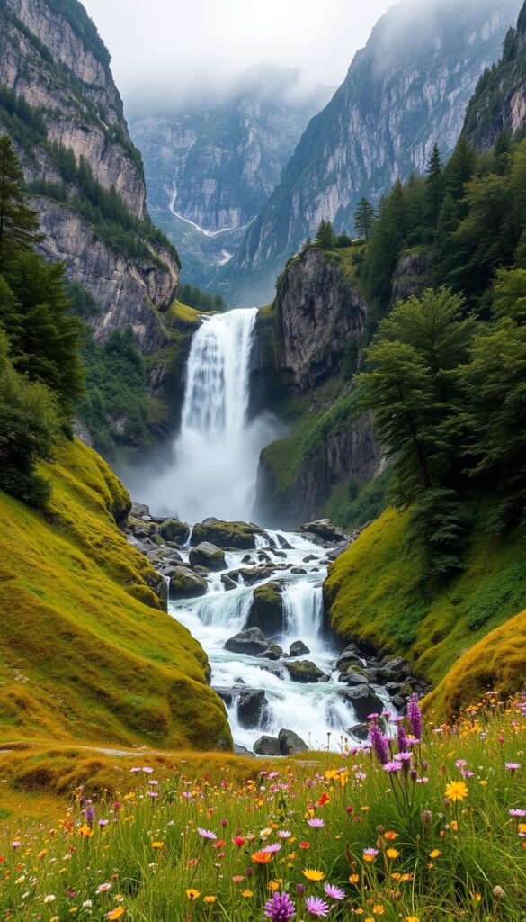 Lush, verdant waterfall cascades tumbling down the majestic cliffs of Lauterbrunnen Valley, a pristine natural wonder nestled in the heart of the Swiss Alps. Towering granite peaks frame the scene, dusted with a soft, ethereal light. Crystalline waters rush over moss-covered rocks, filling the air with the soothing sounds of nature. In the foreground, vibrant wildflowers dot the rolling meadows, creating a serene and enchanting atmosphere. Capture the essence of this breathtaking landscape, with a wide-angle lens to showcase the grandeur of the valley and its awe-inspiring waterfalls. Lush, verdant waterfall cascades tumbling down the majestic cliffs of Lauterbrunnen Valley, a pristine natural wonder nestled in the heart of the Swiss Alps. Towering granite peaks frame the scene, dusted with a soft, ethereal light. Crystalline waters rush over moss-covered rocks, filling the air with the soothing sounds of nature. In the foreground, vibrant wildflowers dot the rolling meadows, creating a serene and enchanting atmosphere. Capture the essence of this breathtaking landscape, with a wide-angle lens to showcase the grandeur of the valley and its awe-inspiring waterfalls.