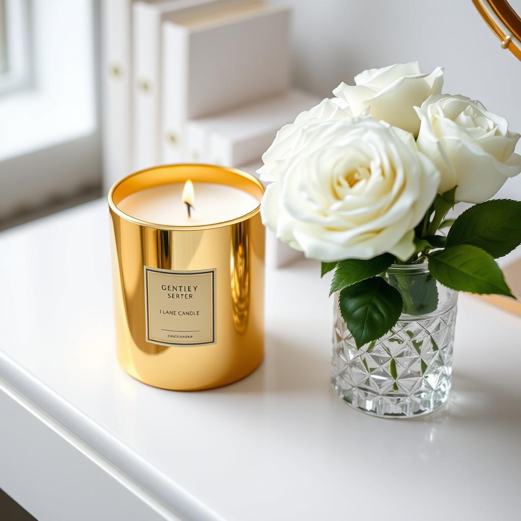 Luxury scented candle and small vase of flowers on a desk Luxury scented candle and small vase of flowers on a desk