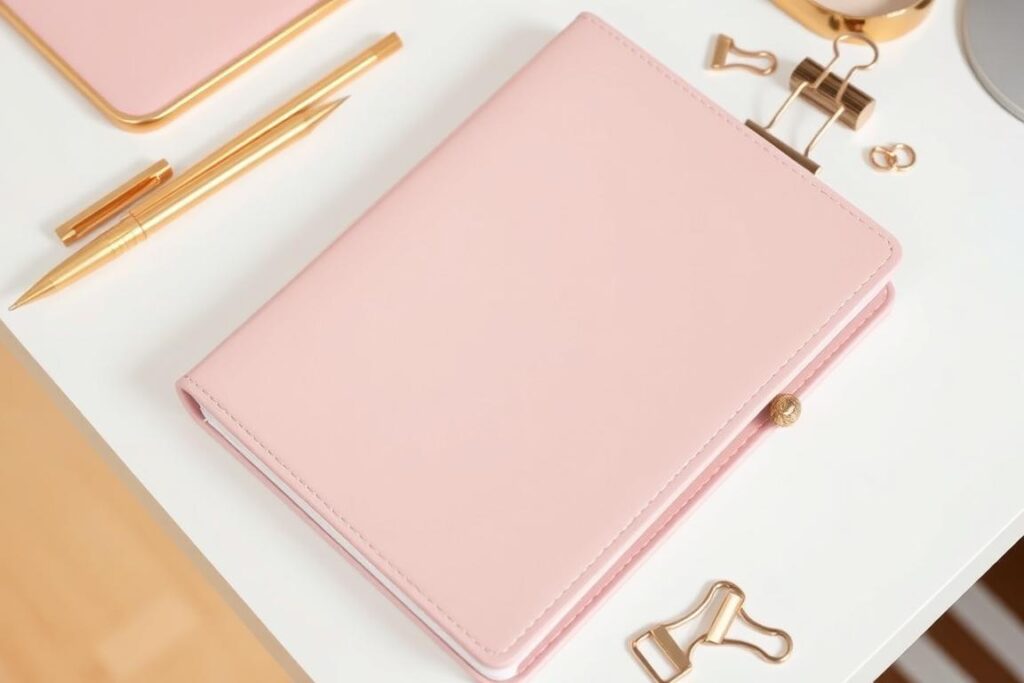 Luxury stationery set with gold pens and blush pink notebook Luxury stationery set with gold pens and blush pink notebook