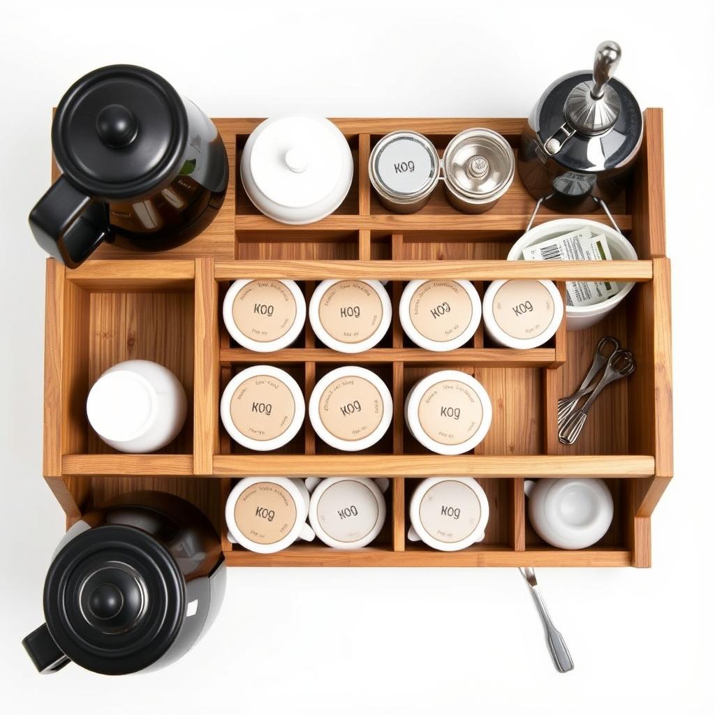 Lzhevsk Wooden Coffee Station Organizer with compartments for K-cups and coffee supplies Lzhevsk Wooden Coffee Station Organizer with compartments for K-cups and coffee supplies