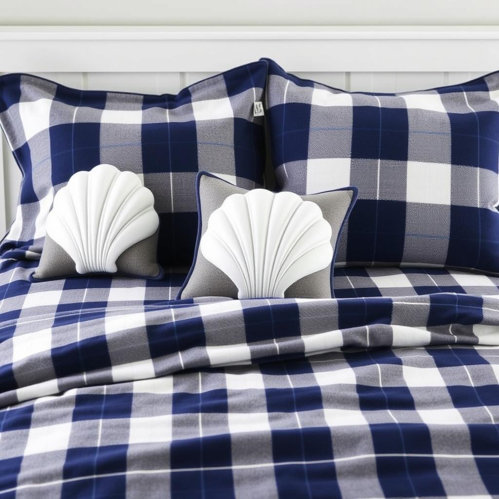 Navy and white coastal plaid flannel sheets with shell-shaped decorative pillows Navy and white coastal plaid flannel sheets with shell-shaped decorative pillows