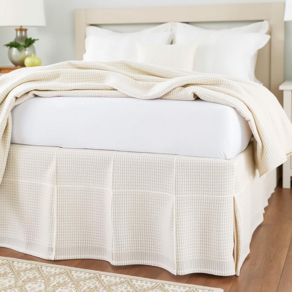 Neutral textured bed skirt with natural fiber appearance Neutral textured bed skirt with natural fiber appearance